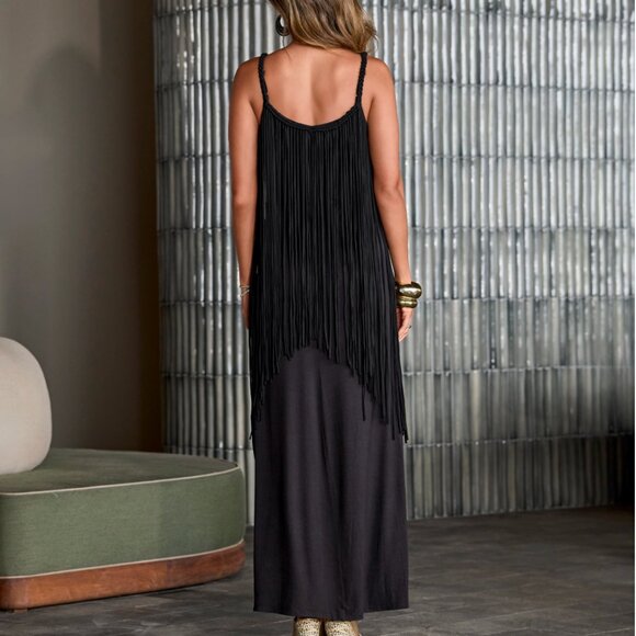 Boston Proper Boho Fringe Maxi Dress Black Size Large NWT - Picture 2 of 3